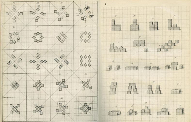 froebels, graph paper with shapes and building blocks